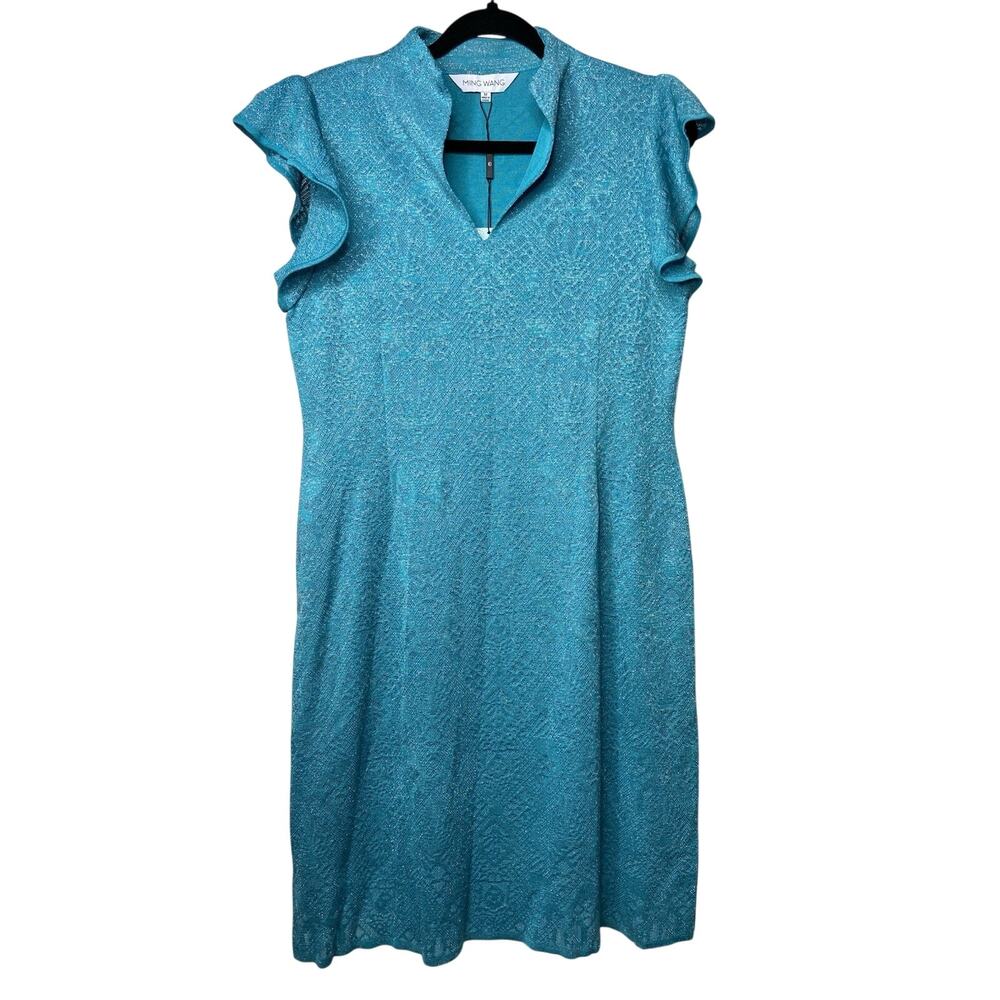 Ming Wang Women's Medium Jacquard Sheath Sweater Dress Blue Knit Ruffle Slv NWT